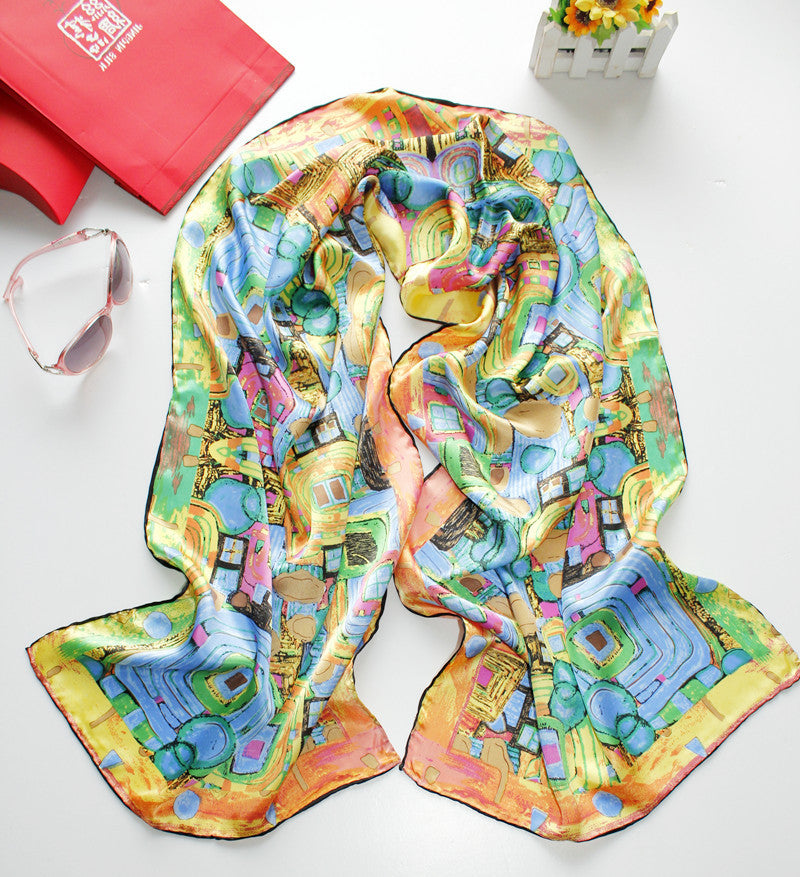 Colorful scarf with abstract design on a white surface
