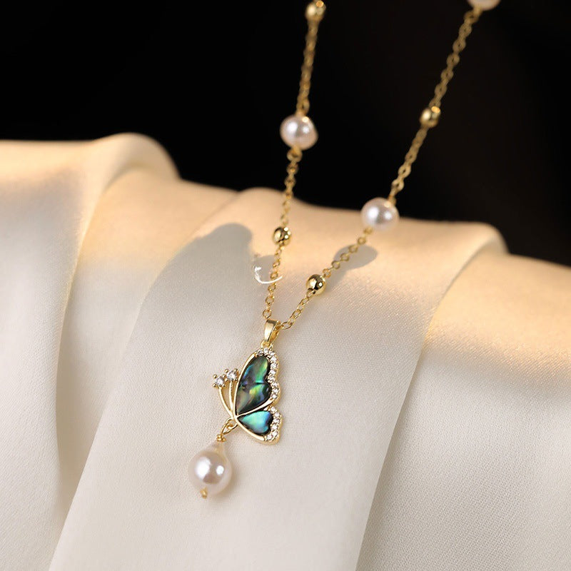 Abalone Shell Butterfly Necklace Ear Stud Ring Suit