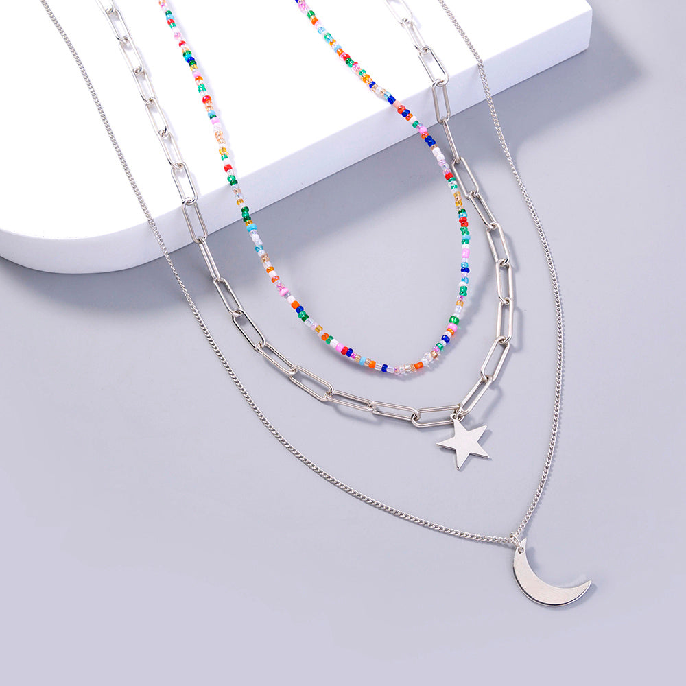 Copper Star Moon multi-layer colorful rice beads necklace